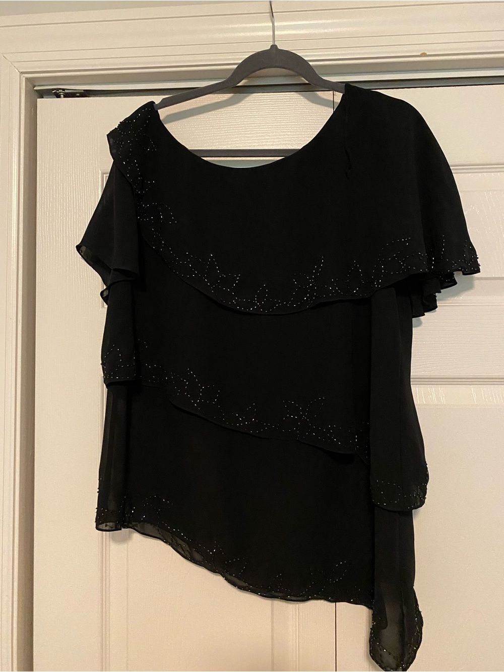 Coldwater Creek Black Asymmetric Layered Blouse with beaded Trim and crepe pants